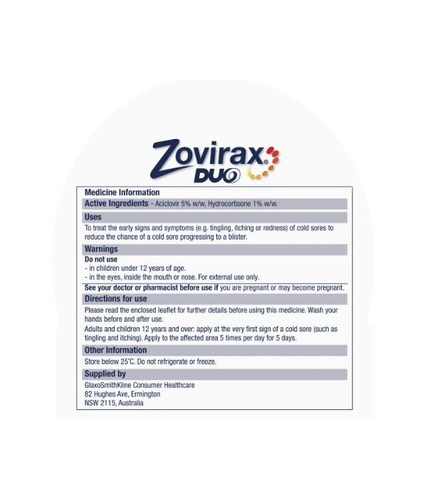 Zovirax Duo Cold Sore Treatment Cream Tube 2g (Pharmacist Only Medicine) - Image 3