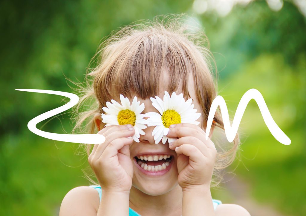 Zoom pharmacy logo overlaid with girl holding flowers