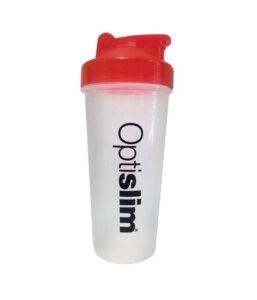 Optislim shaker with red screw lid and easy sip lid.
