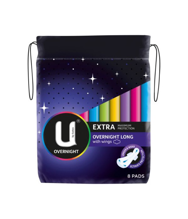 U By Kotex Overnight Long Wing Extra Pads, 8 pack