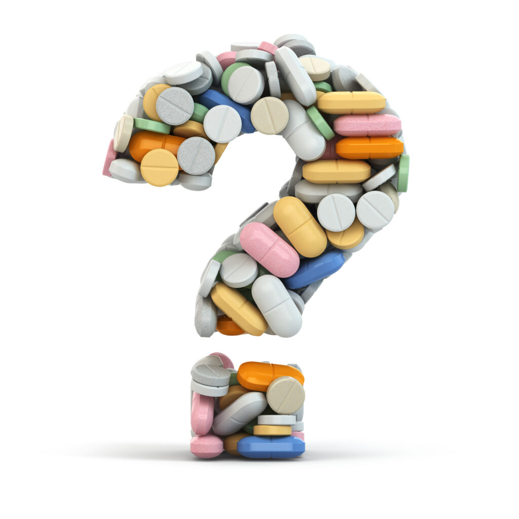 A question mark made of pills symbolic of the questions on Medicine Supply Issues, Discontinuations, and Brand Changes in New Zealand