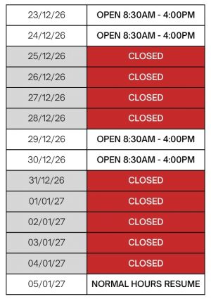 ZOOM Pharmacy Holiday Hours. Closed 25 December to 28 December. Open 29 and 30 Dec. Closed 31 December to 4 January. Normal Hours resume 5 January.